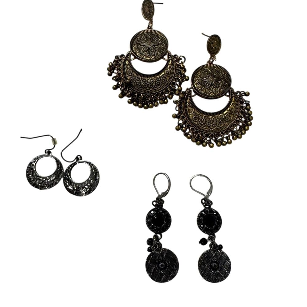 Vintage Inspired Metal Earrings Set Of 3 Dangle Pierced